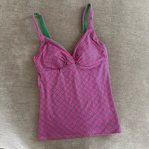 Boden | Tankini Swimsuit Top- V Neck, Padded, Pink & Green Geometric Print Swim